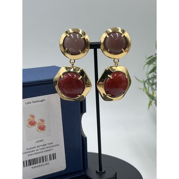 Lele Sadoughi Geo Bezel Red Harvest Jewel Drop Gold Plated Clip Runway Earring - Picture 4 of 16
